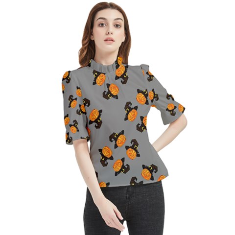 Pumpkin Heads With Hat Gray Frill Neck Blouse by TetiBright