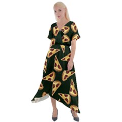 Pizza Slices Pattern Green Cross Front Sharkbite Hem Maxi Dress by TetiBright