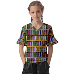 Books On A Shelf Kids  V-neck Horn Sleeve Blouse by TetiBright