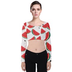 Watermelon Seamless Pattern Velvet Long Sleeve Crop Top by Jancukart