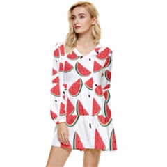 Watermelon Seamless Pattern Tiered Long Sleeve Mini Dress by Jancukart