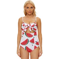 Watermelon Seamless Pattern Knot Front One-piece Swimsuit by Jancukart