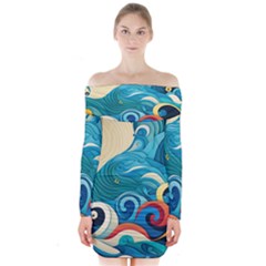 Waves Ocean Sea Abstract Whimsical (2) Long Sleeve Off Shoulder Dress by Jancukart