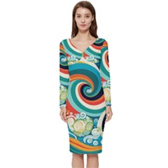 Wave Waves Ocean Sea Abstract Whimsical Long Sleeve V-neck Bodycon Dress  by Jancukart