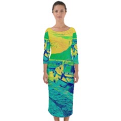 Blue And Green Boat Modern  Quarter Sleeve Midi Bodycon Dress by ConteMonfrey