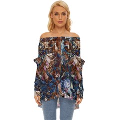 Brown Leaves Off Shoulder Chiffon Pocket Shirt by DinkovaArt