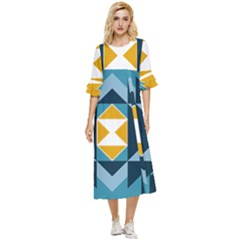 Abstract Pattern T- Shirt Hourglass Pattern  Sunburst Tones Abstract  Blue And Gold  Soft Furnishing Double Cuff Midi Dress by maxcute