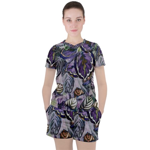 Dark Leaves Women s Tee And Shorts Set by DinkovaArt