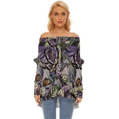 Dark Leaves Off Shoulder Chiffon Pocket Shirt by DinkovaArt