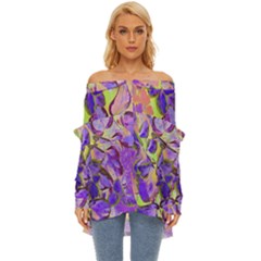 Purple Leaves Off Shoulder Chiffon Pocket Shirt by DinkovaArt