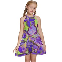 Purple Leaves Kids  Halter Collar Waist Tie Chiffon Dress by DinkovaArt