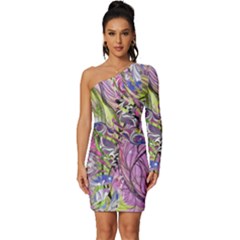 Abstract Intarsio Long Sleeve One Shoulder Mini Dress by kaleidomarblingart