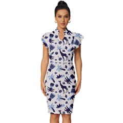 Cute Safari Animals Blue Giraffe Vintage Frill Sleeve V-neck Bodycon Dress by Stikle