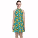 Turquoise And Yellow Floral Velvet Halter Neckline Dress  View1