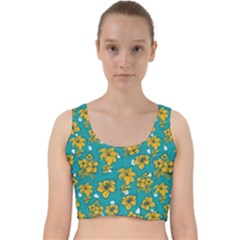 Turquoise And Yellow Floral Velvet Racer Back Crop Top by fructosebat