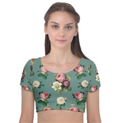 Victorian Floral Velvet Short Sleeve Crop Top  by fructosebat