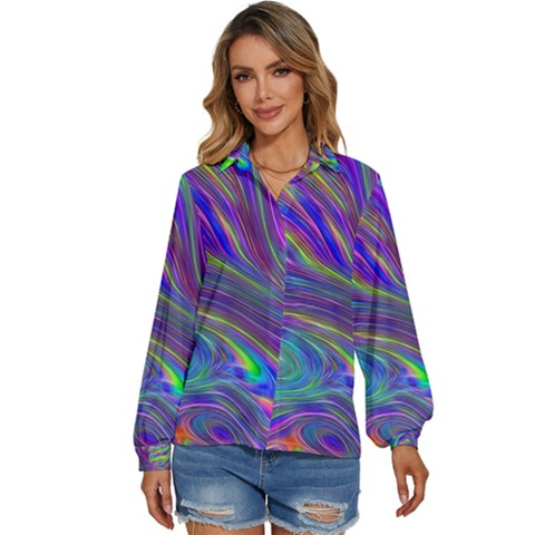 Abstract With Blue Women s Long Sleeve Button Down Shirt by bloomingvinedesign