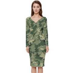 Green Leaves Camouflage Long Sleeve V-neck Bodycon Dress  by Ravend