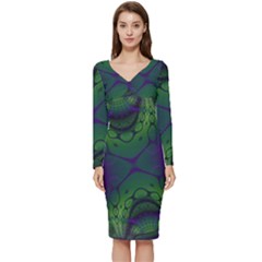 Abstract Art Fractal Long Sleeve V-neck Bodycon Dress  by Ravend