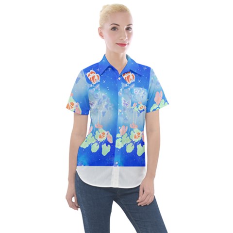 Butterflies T- Shirt Serenity Blue Floral Design With Butterflies T- Shirt Women s Short Sleeve Pocket Shirt by maxcute