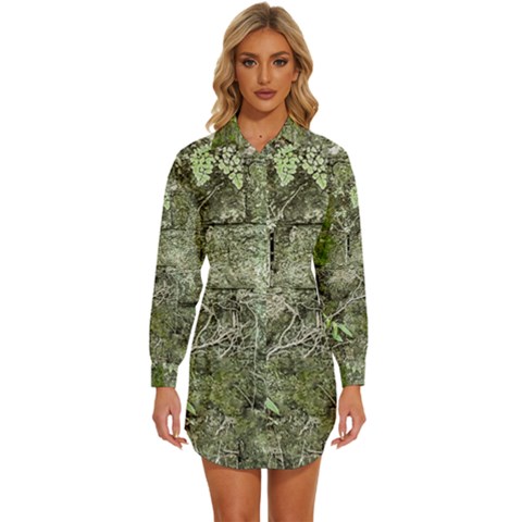 Old Stone Exterior Wall With Moss Womens Long Sleeve Shirt Dress by dflcprintsclothing