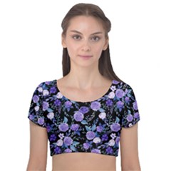 Dark Floral Velvet Short Sleeve Crop Top  by fructosebat