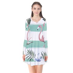 Flamingos T- Shirt Flamingos Tropical Pattern T- Shirt Long Sleeve V-neck Flare Dress by maxcute