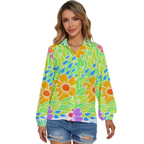 Flowers T- Shirt Colorful Flowers T- Shirt Women s Long Sleeve Button Down Shirt by maxcute