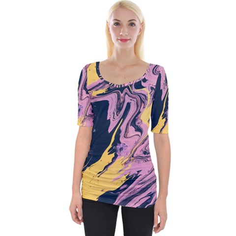 Pink Black And Yellow Abstract Painting Wide Neckline Tee by Jancukart