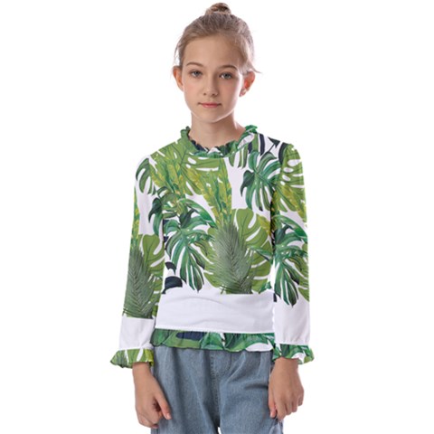 Tropical Jungle Leaf T- Shirt J U N G L E T R O P I C A L P A T T E R N T- Shirt Kids  Frill Detail Tee by maxcute