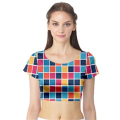 Square Plaid Checkered Pattern Short Sleeve Crop Top by Ravend