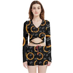 Abstract Pattern Background Velvet Wrap Crop Top And Shorts Set by Ravend