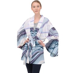 Marble Abstract White Pink Dark Art Long Sleeve Velvet Kimono  by Pakemis