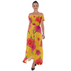 Background Flowers Floral Pattern Off Shoulder Open Front Chiffon Dress by Ravend