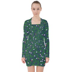 Leaves Flowers Green Background Nature V-neck Bodycon Long Sleeve Dress by Ravend