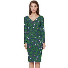 Leaves Flowers Green Background Nature Long Sleeve V-neck Bodycon Dress  by Ravend