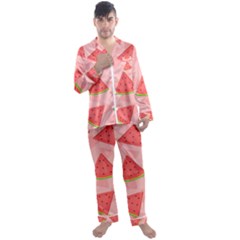 Background Watermelon Pattern Fruit Food Sweet Men s Long Sleeve Satin Pajamas Set by Jancukart