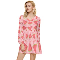 Background Watermelon Pattern Fruit Food Sweet Tiered Long Sleeve Mini Dress by Jancukart