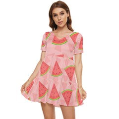 Background Watermelon Pattern Fruit Food Sweet Tiered Short Sleeve Babydoll Dress by Jancukart