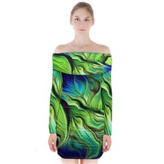 Fractal Art Pattern Abstract Fantasy Digital Long Sleeve Off Shoulder Dress by Jancukart