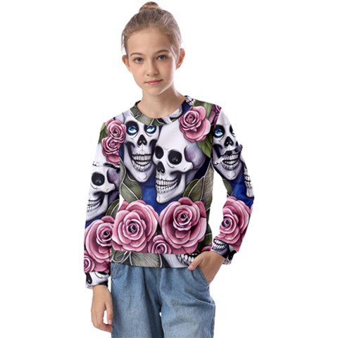 Skulls And Flowers Kids  Long Sleeve Tee With Frill  by GardenOfOphir