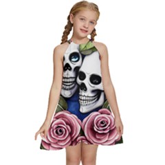 Skulls And Flowers Kids  Halter Collar Waist Tie Chiffon Dress by GardenOfOphir