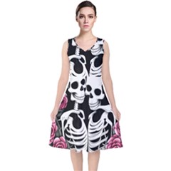 Black And White Rose Sugar Skull V-neck Midi Sleeveless Dress  by GardenOfOphir