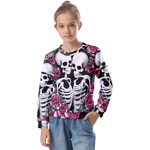 Black And White Rose Sugar Skull Kids  Long Sleeve Tee With Frill  by GardenOfOphir