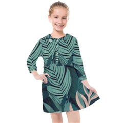 Green Nature Bohemian Painting Leaves Foliage Kids  Quarter Sleeve Shirt Dress by Ravend