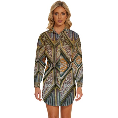 Church Ceiling Mural Architecture Womens Long Sleeve Shirt Dress by Ravend