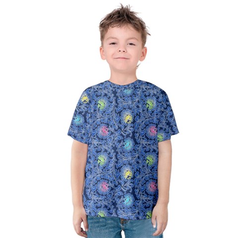 Floral Asia Seamless Pattern Blue Kids  Cotton Tee by Pakemis