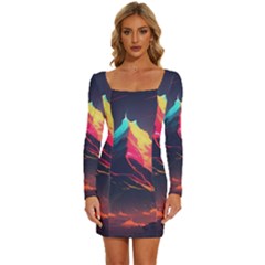 Mountain Sky Color Colorful Night Long Sleeve Square Neck Bodycon Velour Dress by Ravend