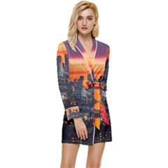 Downtown Skyline Sunset Buildings Long Sleeve Satin Robe by Ravend