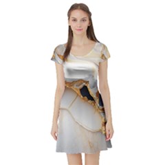 Marble Stone Abstract Gold White Short Sleeve Skater Dress by Ravend